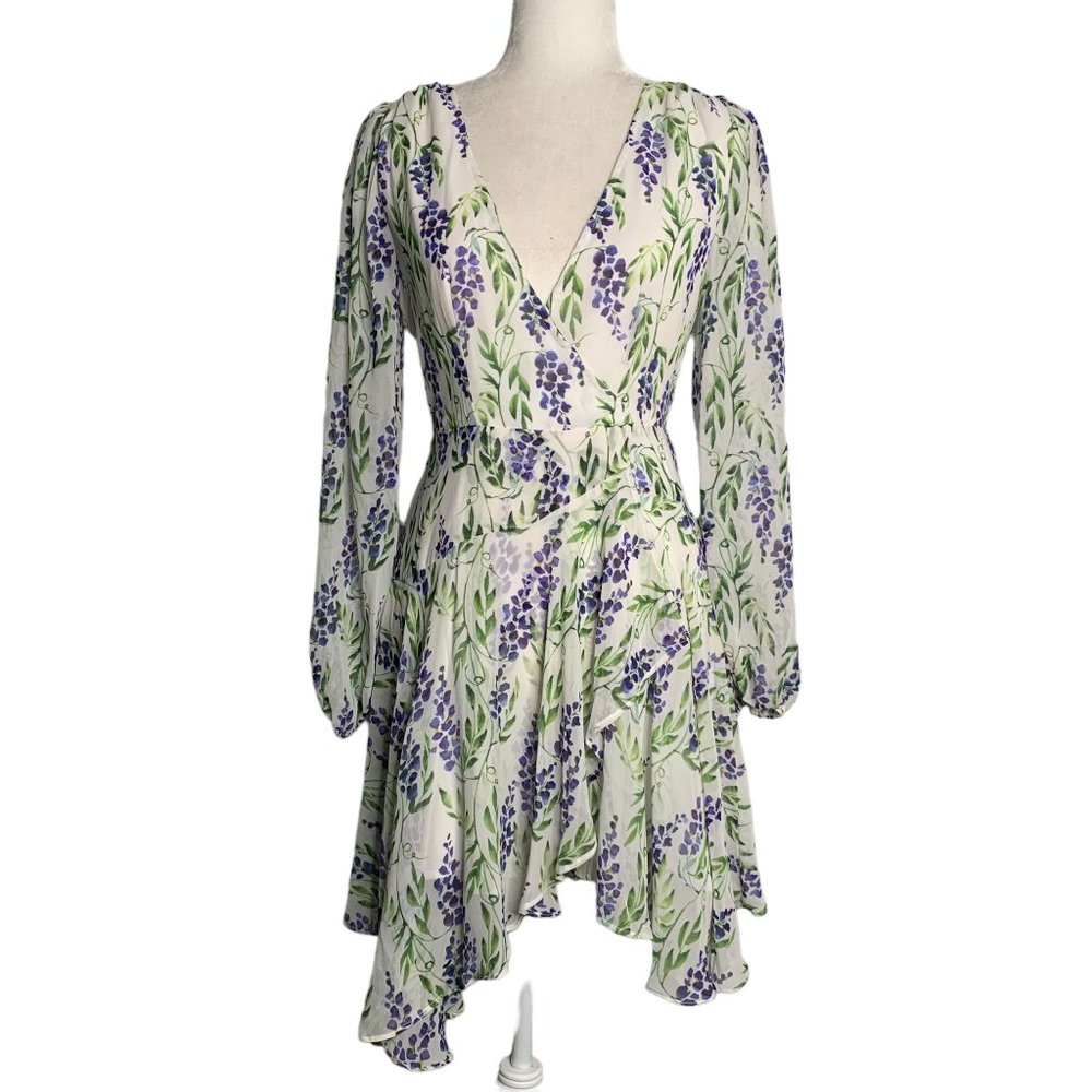 Here Comes the Sun Faux Wrap Mini Dress S White V Neck Lined Sheer Sleeves Zip
